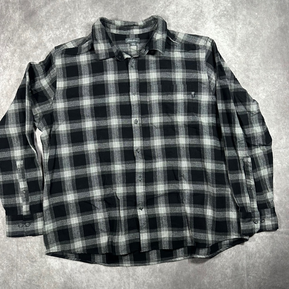 Eddie Bauer Mens XXL Flannel Shirt Long Sleeve Black Gray Plaid Streetwear Cholo